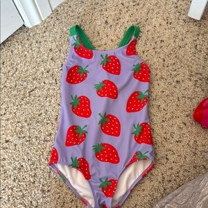 Mini Boden Purple One-Piece Swimsuit with Red Strawberry Print and Green Straps